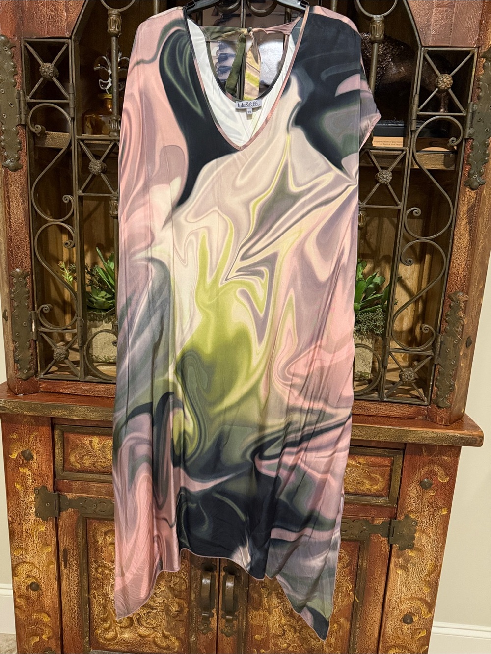 Abstract Swirl V-Neck Kaftan in Pink, Green and Charcoal.